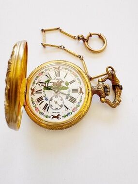 Vintage Arnex Swiss Pocket Watch Horse Racing Dial 17 Jewels 1/20 12K GF Chain
